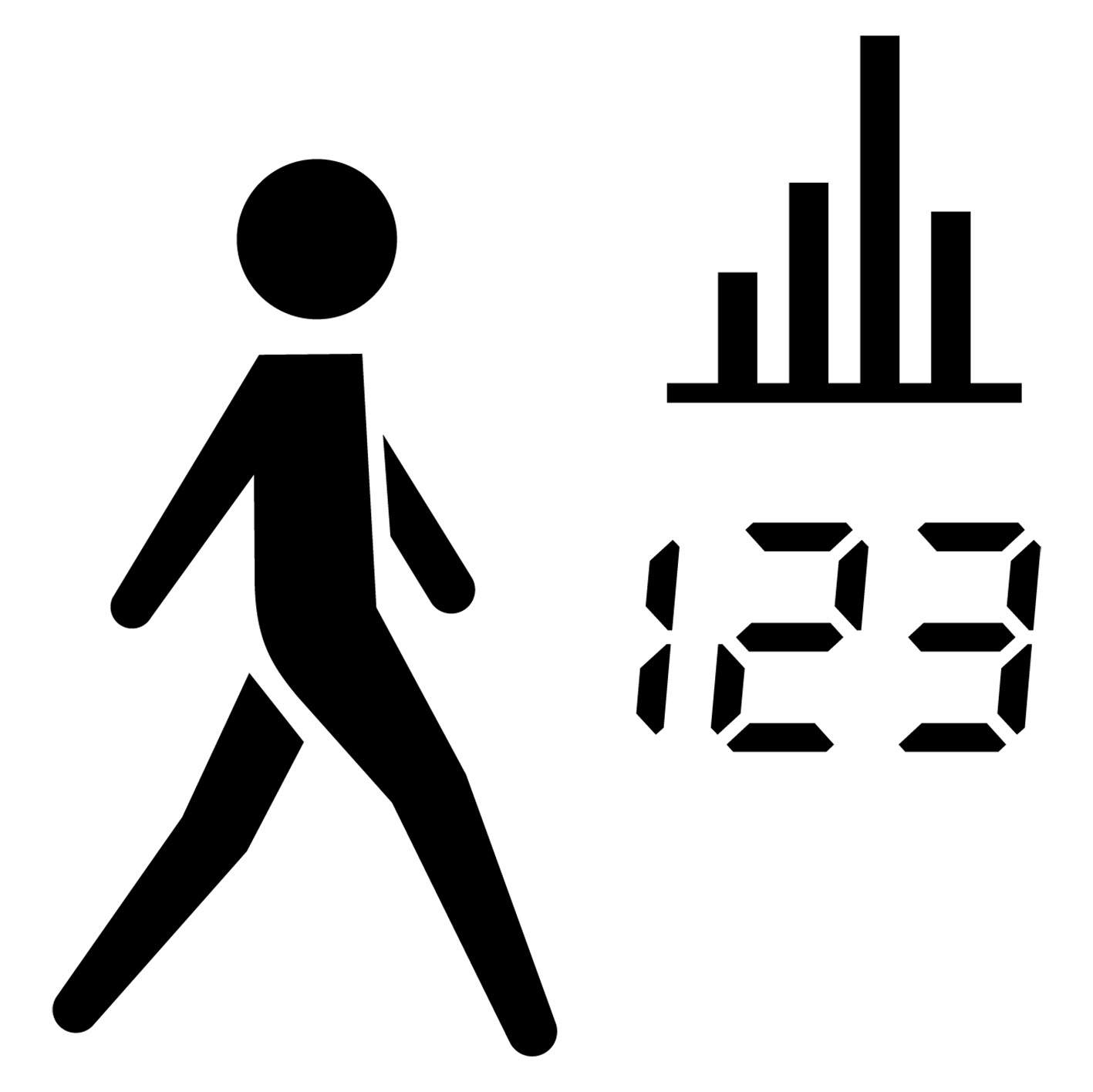 Iconographic of person walking with graph and number of steps taken denoting that the watch lets you know the number of steps taken