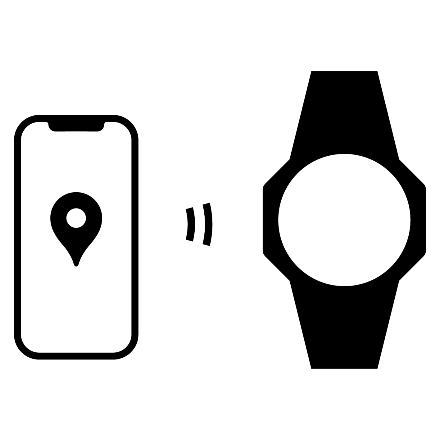 위치 기호와 Bluetooth 기호가 시계에 연결되어 휴대폰 찾기 기능이 있음을 나타내는 휴대폰의 도상학